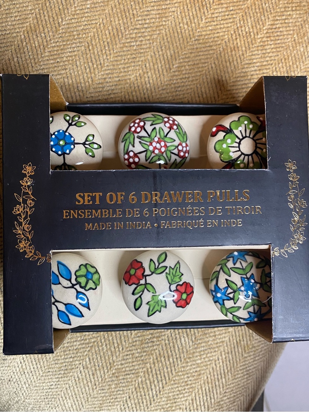 NIB! Set Of 6 Ceramic Handmade Drawer Pulls Silver Hardware Made In India